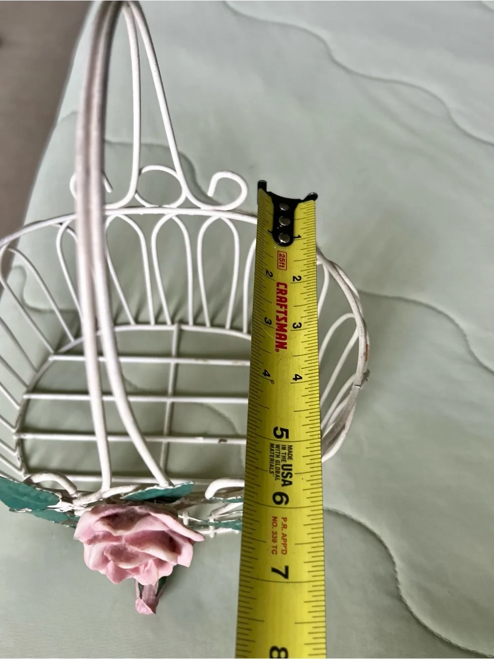 Vintage White Metal Basket With Pink and Green Floral Front